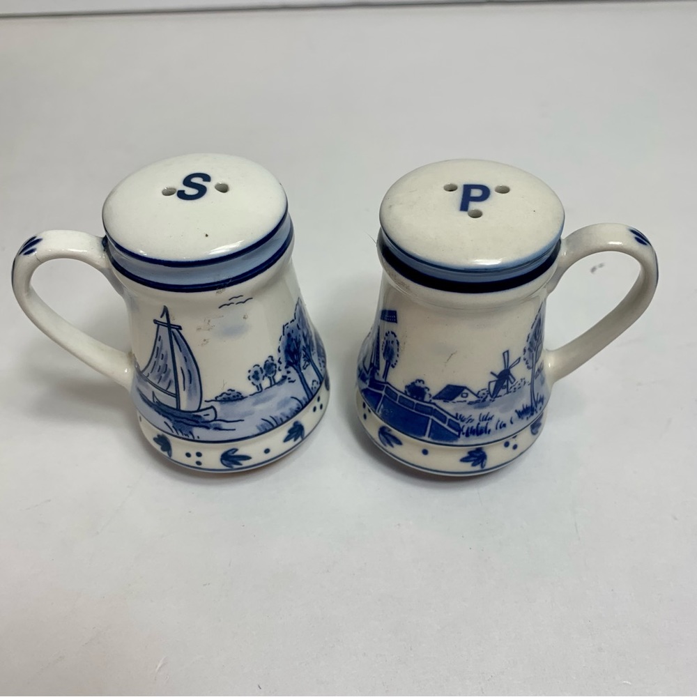 Vintage DELFT Blue Salt & Pepper Shaker Windmill And Boat Pattern